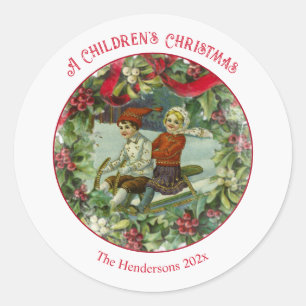 Christmas Children Vintage Round Sticker
