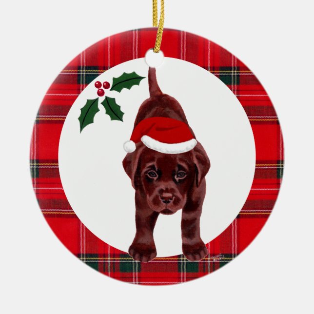 Christmas Chocolate Lab Puppy Ceramic Ornament (Front)