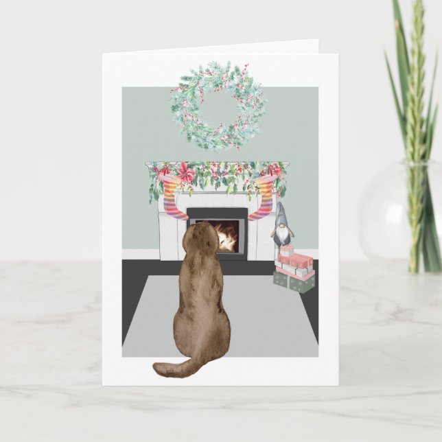 Christmas Chocolate Labrador Dog Fireplace Scene Card (Front)