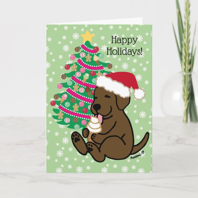 Christmas Chocolate Labrador Ice Cream Licking Holiday Card (Front)
