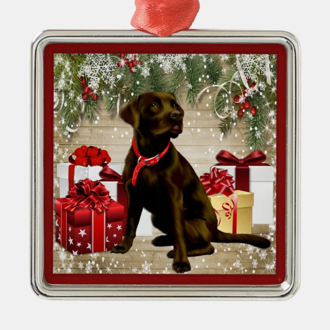 CHRISTMAS CHOCOLATE LABRADOR METAL ORNAMENT (Front)