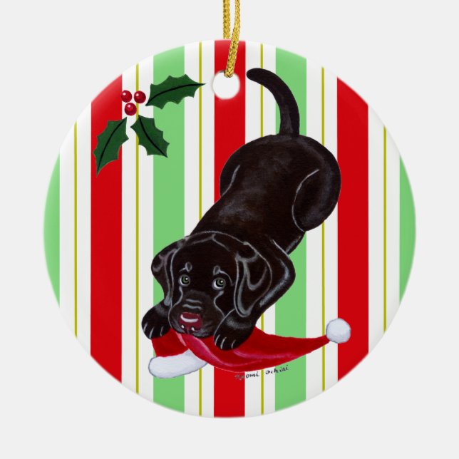 Christmas Chocolate Labrador Puppy Ceramic Ornament (Front)