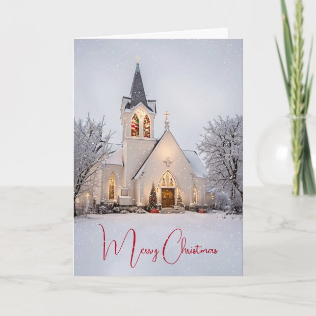 Christmas Church In Snowflakes Holiday Card (Front)