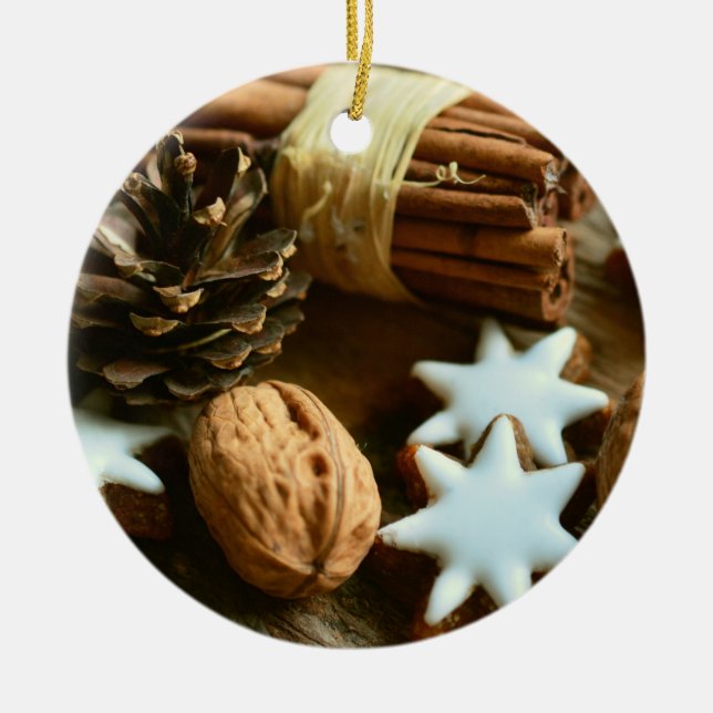 Christmas Cinnamon Sticks and Stars Ceramic Ornament (Front)