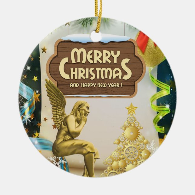 Christmas Circle Ornament, Angel Ceramic Ornament (Front)