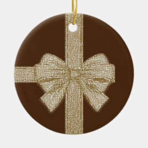 Christmas Circle Ornament, Beige Bow Ceramic Ornament