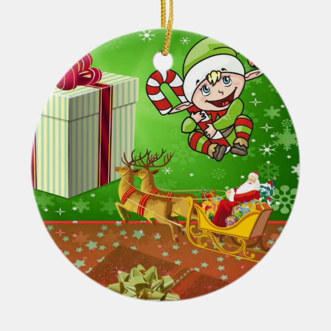 Christmas Circle Ornament, Elf Ceramic Ornament (Front)