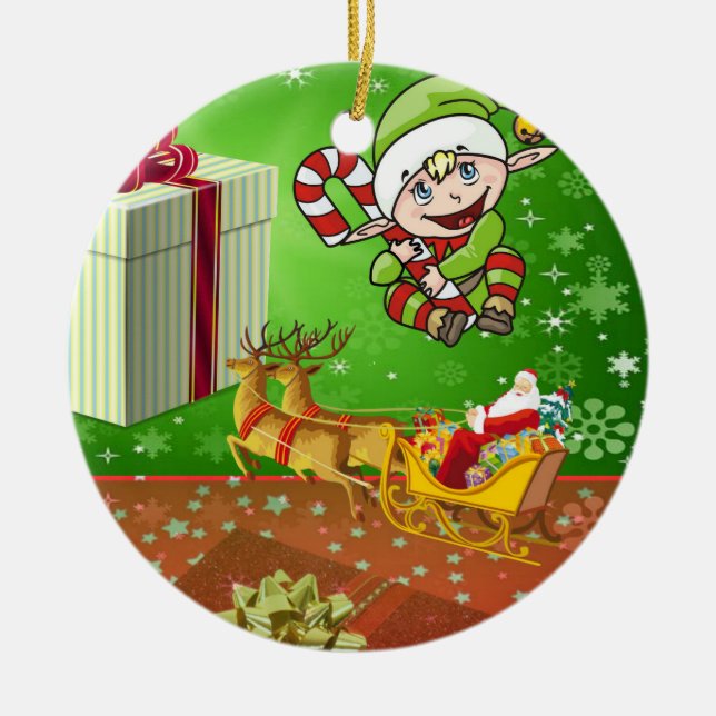 Christmas Circle Ornament, Elf Ceramic Ornament (Front)