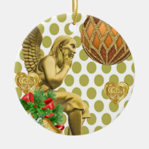 Christmas Circle Ornament, Gold Angel Ceramic Ornament