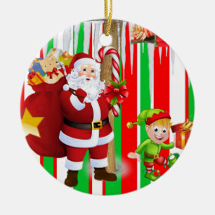 Christmas Circle Ornament, Santa Elf Ceramic Ornament