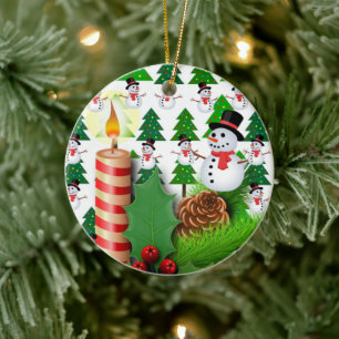 Christmas Circle Ornament, Snowman Candle Ceramic Ornament