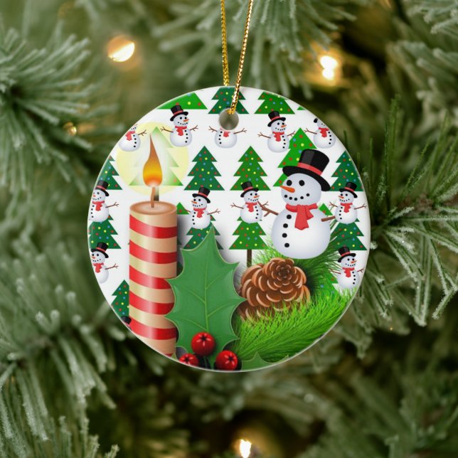 Christmas Circle Ornament, Snowman Candle Ceramic Ornament (Tree)