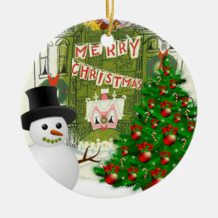 Christmas Circle Ornament, Snowman Ceramic Ornament