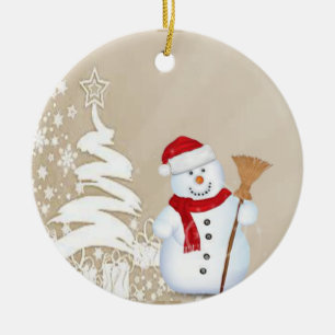 Christmas Circle Ornament, Snowman Ceramic Ornament