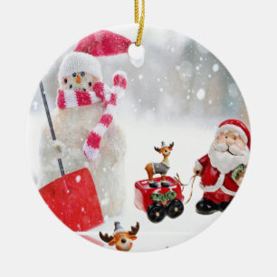 Christmas Circle Ornament, Snowman Ceramic Ornament
