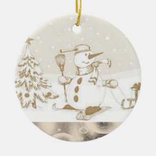 Christmas Circle Ornament, Snowman Ceramic Ornament