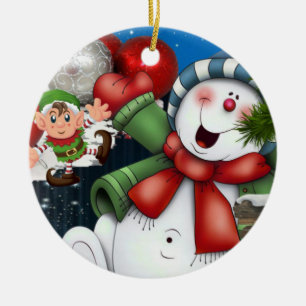 Christmas Circle Ornament, Snowman Elf Ceramic Ornament