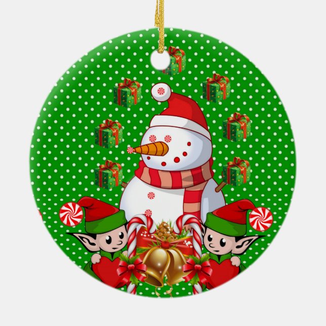 Christmas Circle Ornament, Snowman Elf Ceramic Ornament (Back)