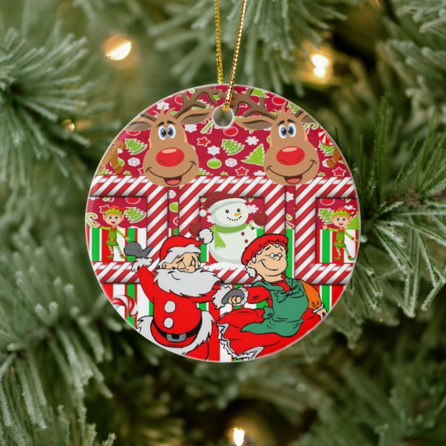 Christmas Circle Ornament, Snowman Reindeer Elf Ceramic Ornament (Tree)