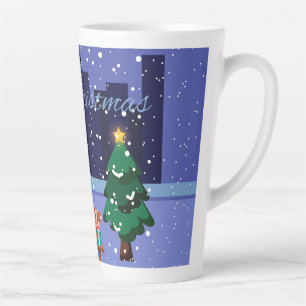 Christmas cityscape with street lamp, tree and gif latte mug