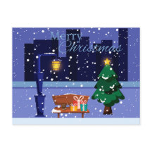 Christmas cityscape with street lamp, tree and gif