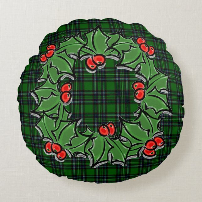 Christmas classic green plaid red holly leaves round pillow (Front)