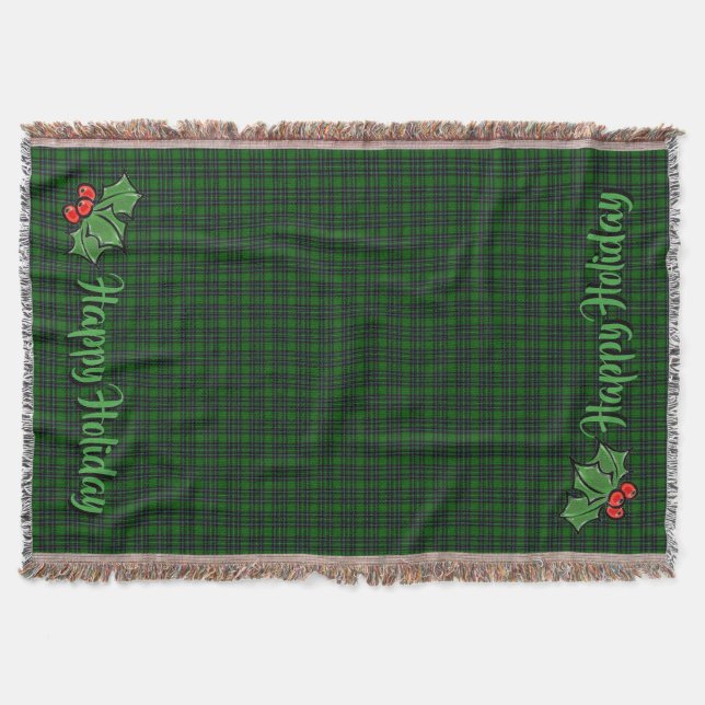 Christmas classic green plaid red holly leaves throw blanket (Front)