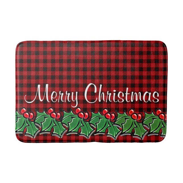 Christmas classic Red Plaid Holly berries leaves Bath Mat (Front)