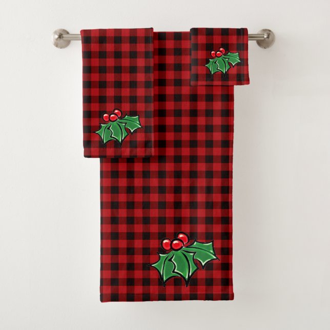 Christmas classic Red Plaid Holly berries leaves Bath Towel Set (Insitu)