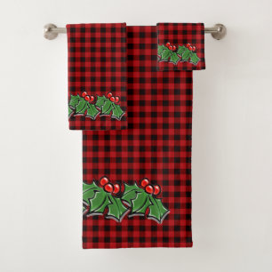 Christmas classic Red Plaid Holly berries leaves Bath Towel Set