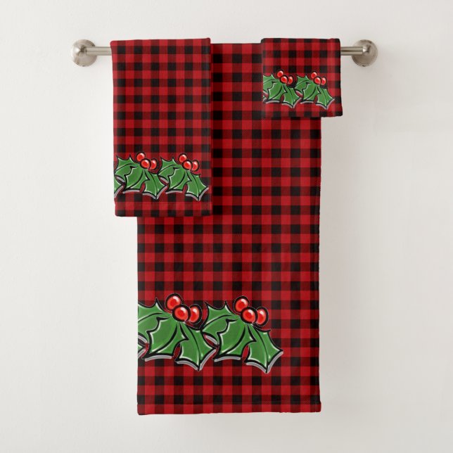 Christmas classic Red Plaid Holly berries leaves Bath Towel Set (Insitu)
