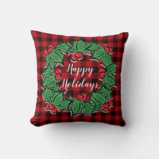 Christmas classic Red Plaid Holly berries leaves Throw Pillow (Front)