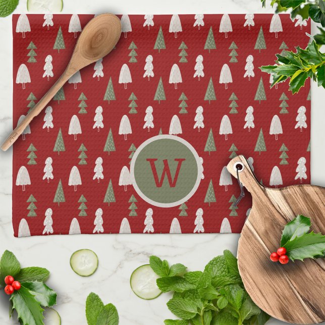 Christmas Classic Trees Custom Monogram Red Kitchen Towel (Creator Uploaded)