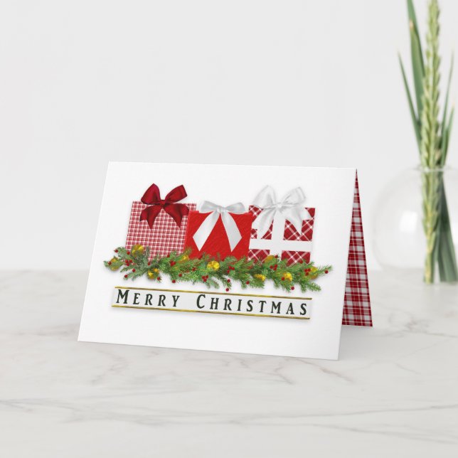 Christmas Classy Red Plaid Gifts Bows Card (Front)