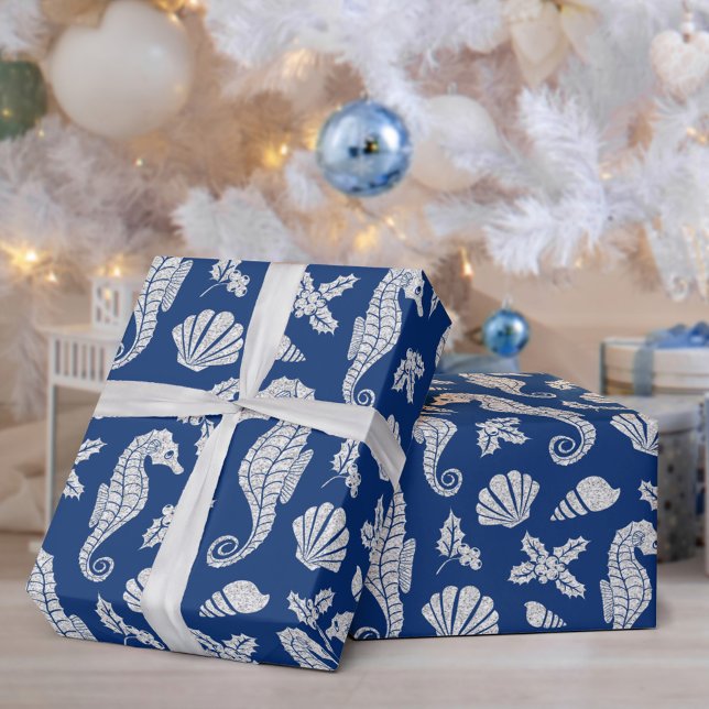 Christmas Coastal Seahorse Glitter Navy Blue Wrapping Paper (Creator Uploaded)