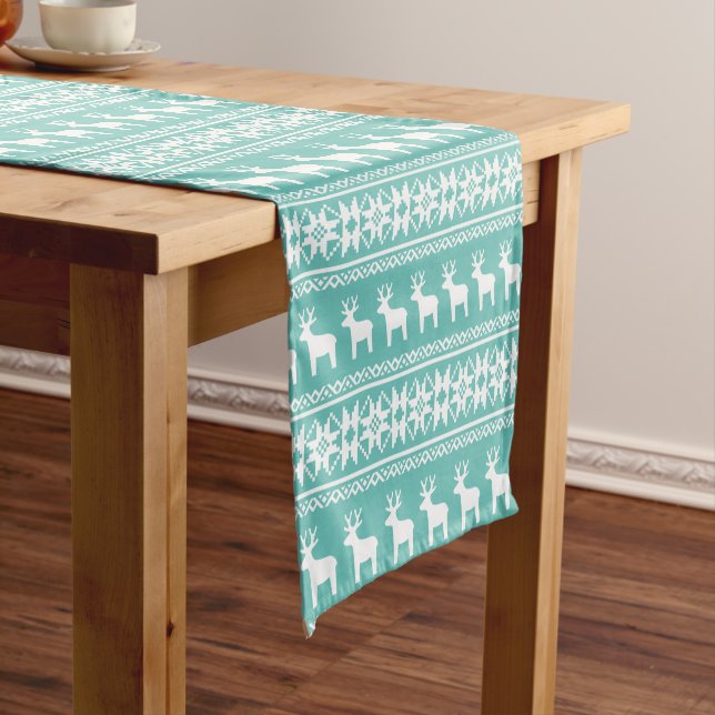 Christmas Coastal Teal Snowflake Reindeer Pattern Short Table Runner (In Situ)