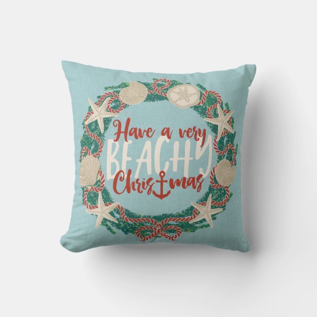 Christmas Coastal Tropical Sea Shell Wreath -Aqua Outdoor Pillow (Front)