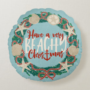 Christmas Coastal Tropical Sea Shell Wreath -Aqua Round Pillow