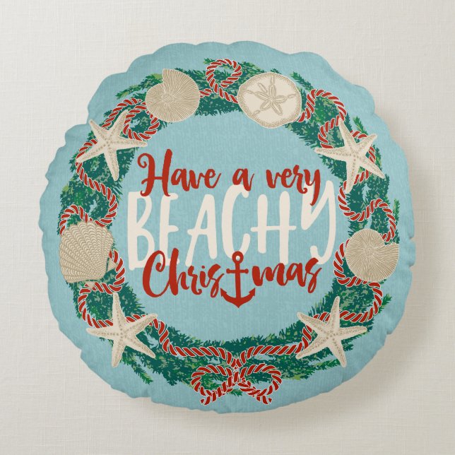 Christmas Coastal Tropical Sea Shell Wreath -Aqua Round Pillow (Front)