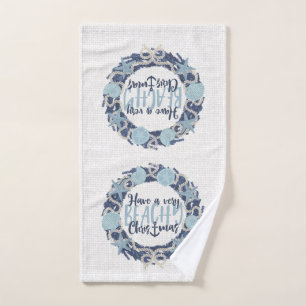Christmas Coastal Tropical Sea Shell Wreath -Blue Hand Towel