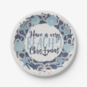 Christmas Coastal Tropical Sea Shell Wreath - Blue Paper Plate