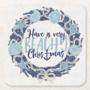 Christmas Coastal Tropical Sea Shell Wreath - Blue Square Paper Coaster