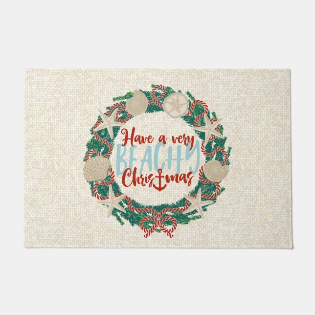 Christmas Coastal Tropical Sea Shell Wreath -Red Doormat (Front)