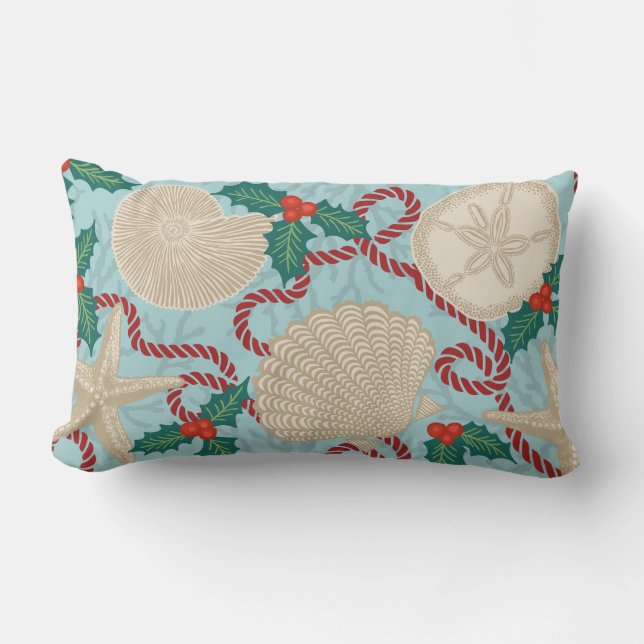 Christmas Coastal Tropical Sea Shells -Aqua Lumbar Pillow (Front)