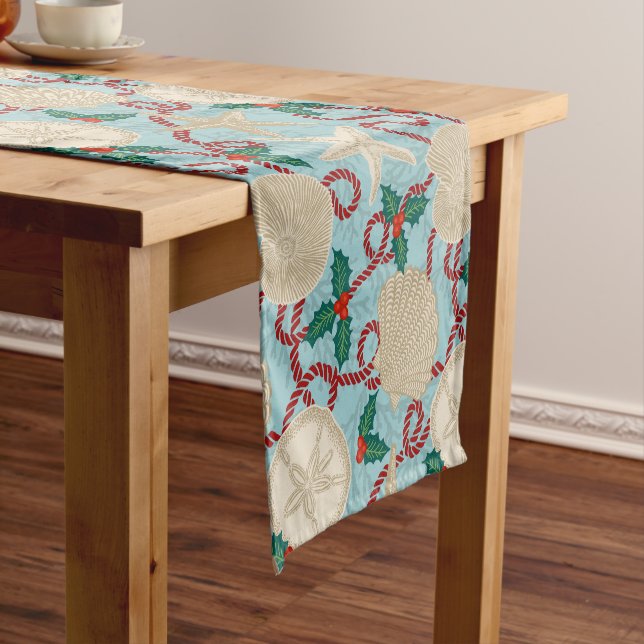 Christmas Coastal Tropical Sea Shells -Aqua Short Table Runner (In Situ)