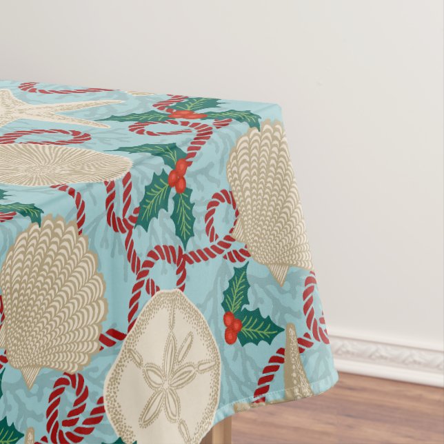 Christmas Coastal Tropical Sea Shells -Aqua Tablecloth (In Situ)