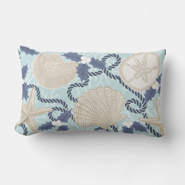 Christmas Coastal Tropical Sea Shells -Blue Lumbar Pillow (Front)