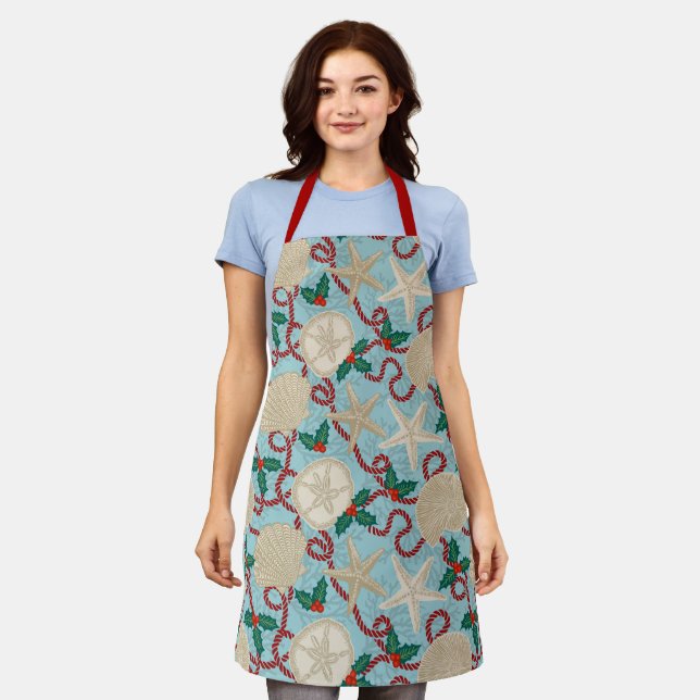 Christmas Coastal Tropical Sea Shells -Red Apron (Worn)