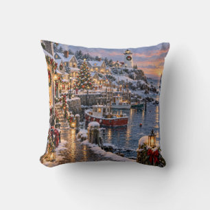 Christmas Coastal Village Lighthouse Scene Throw Pillow