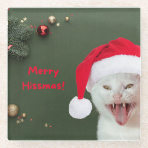 Christmas Coaster, Merry Hissmas Wishes Glass Coaster